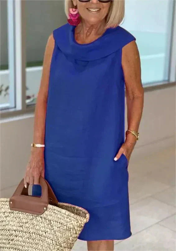 ELINE Midi-Kleid aus Baumwolle-Leinen-Mix | Atmungsaktiv &amp; leicht, H-Linie locker fallend | Rüschen-Ausschnitt, einfarbig