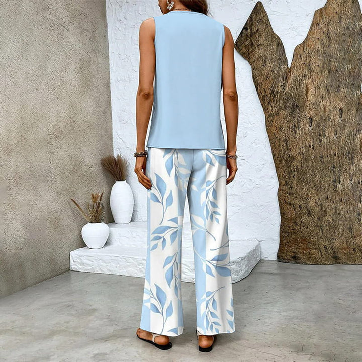 SommerZweig 2-teiliges Set mit ärmellosem Top &amp; Weitbein-Hose | Blätterprint, elastischer Bund | luftig &amp; bequem | S–2XL