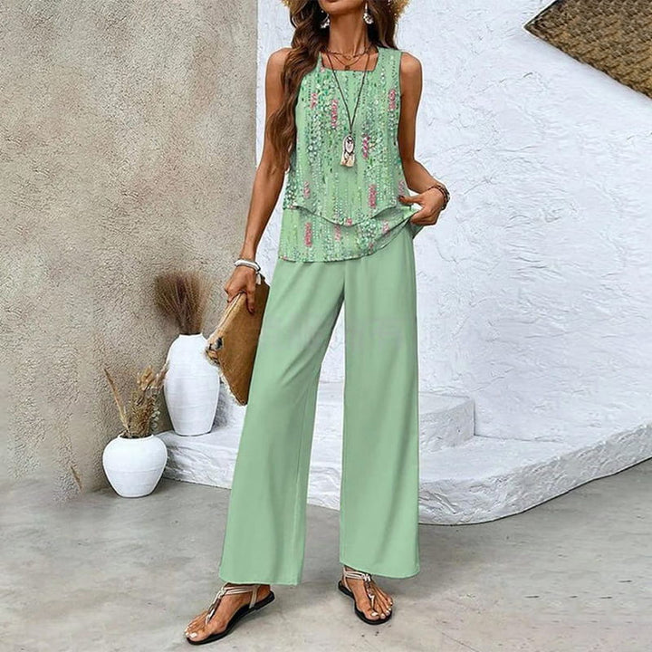 SommerZweig 2-teiliges Set mit ärmellosem Top &amp; Weitbein-Hose | Blätterprint, elastischer Bund | luftig &amp; bequem | S–2XL