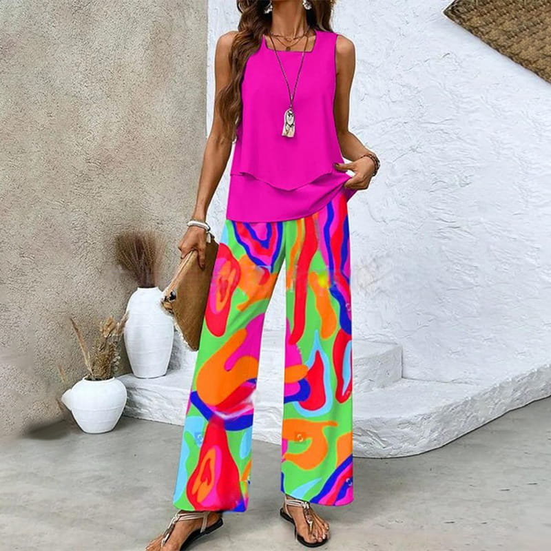 SommerZweig 2-teiliges Set mit ärmellosem Top &amp; Weitbein-Hose | Blätterprint, elastischer Bund | luftig &amp; bequem | S–2XL