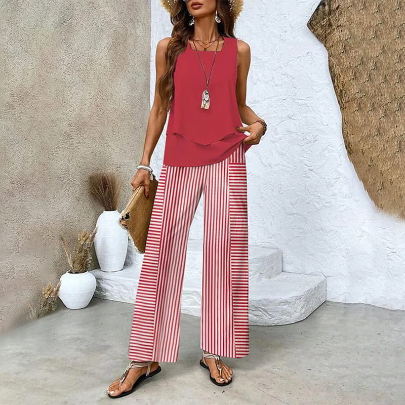 SommerZweig 2-teiliges Set mit ärmellosem Top &amp; Weitbein-Hose | Blätterprint, elastischer Bund | luftig &amp; bequem | S–2XL