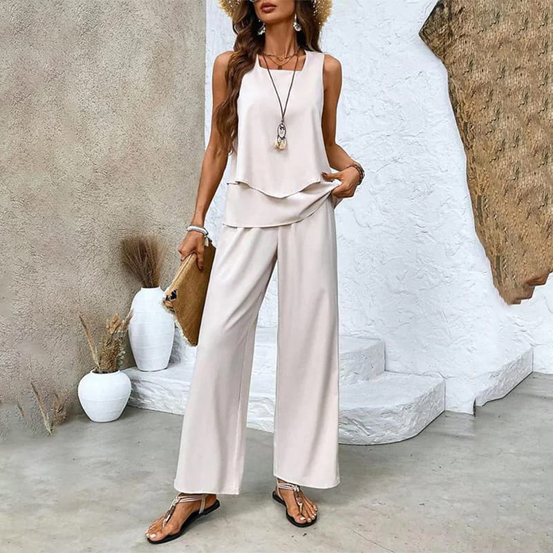 SommerZweig 2-teiliges Set mit ärmellosem Top &amp; Weitbein-Hose | Blätterprint, elastischer Bund | luftig &amp; bequem | S–2XL
