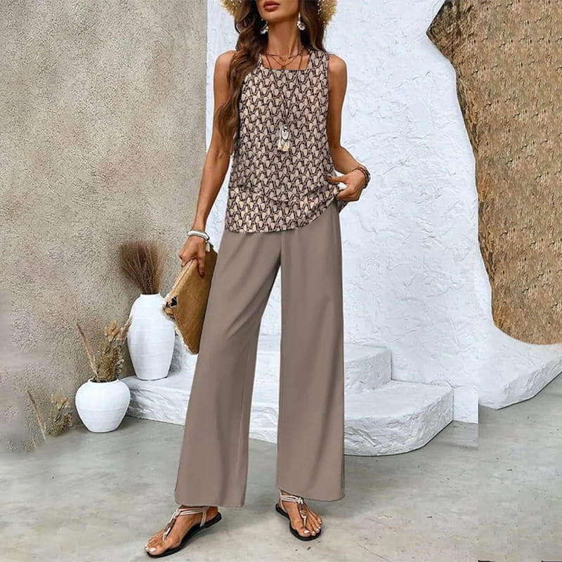 SommerZweig 2-teiliges Set mit ärmellosem Top &amp; Weitbein-Hose | Blätterprint, elastischer Bund | luftig &amp; bequem | S–2XL