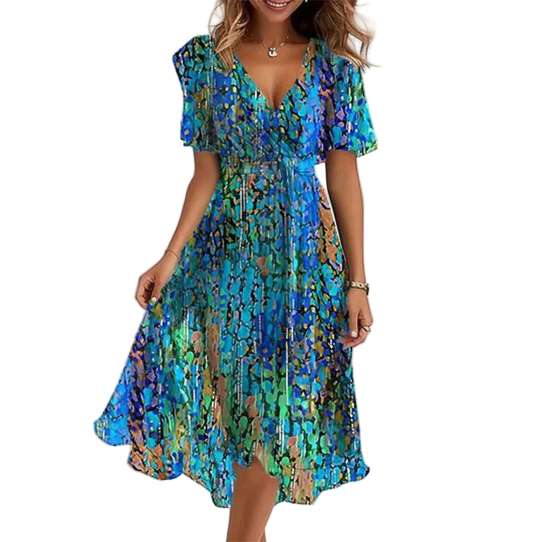 Blaues Damen Midikleid mit V-Ausschnitt &amp; floralem Print | Flatterärmel, A-Linie | Leicht &amp; atmungsaktiv | Für Sommer &amp; Events