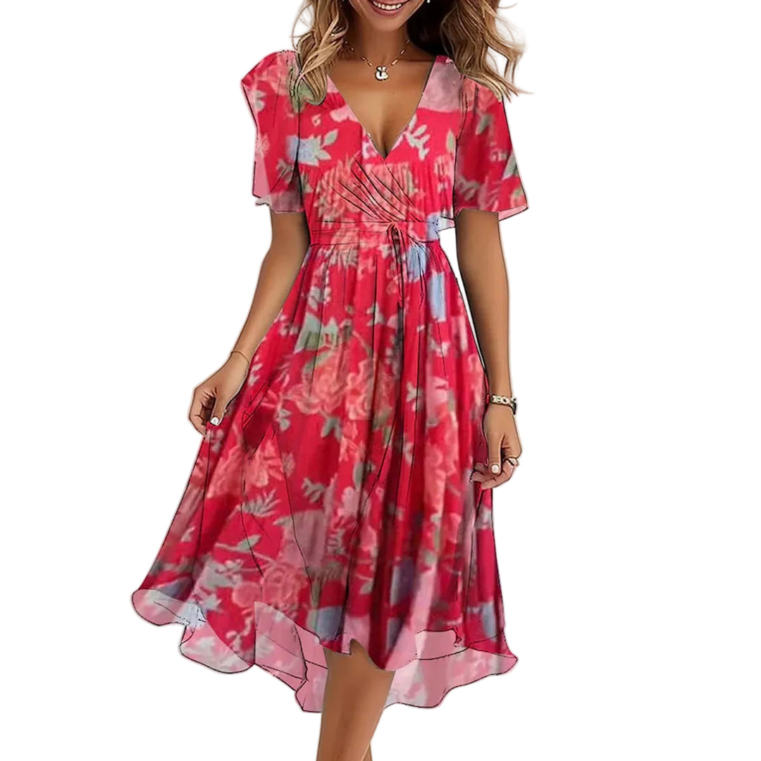 Blaues Damen Midikleid mit V-Ausschnitt &amp; floralem Print | Flatterärmel, A-Linie | Leicht &amp; atmungsaktiv | Für Sommer &amp; Events