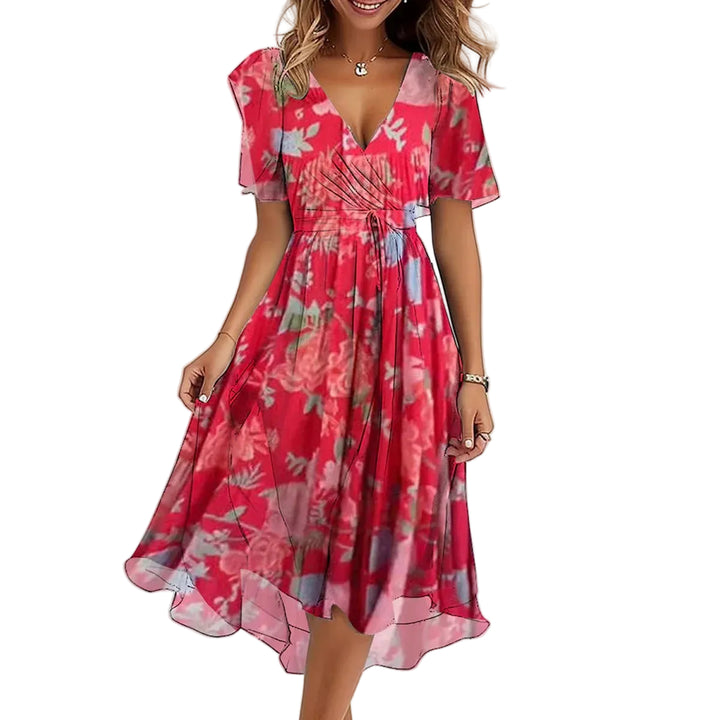 Blaues Damen Midikleid mit V-Ausschnitt &amp; floralem Print | Flatterärmel, A-Linie | Leicht &amp; atmungsaktiv | Für Sommer &amp; Events