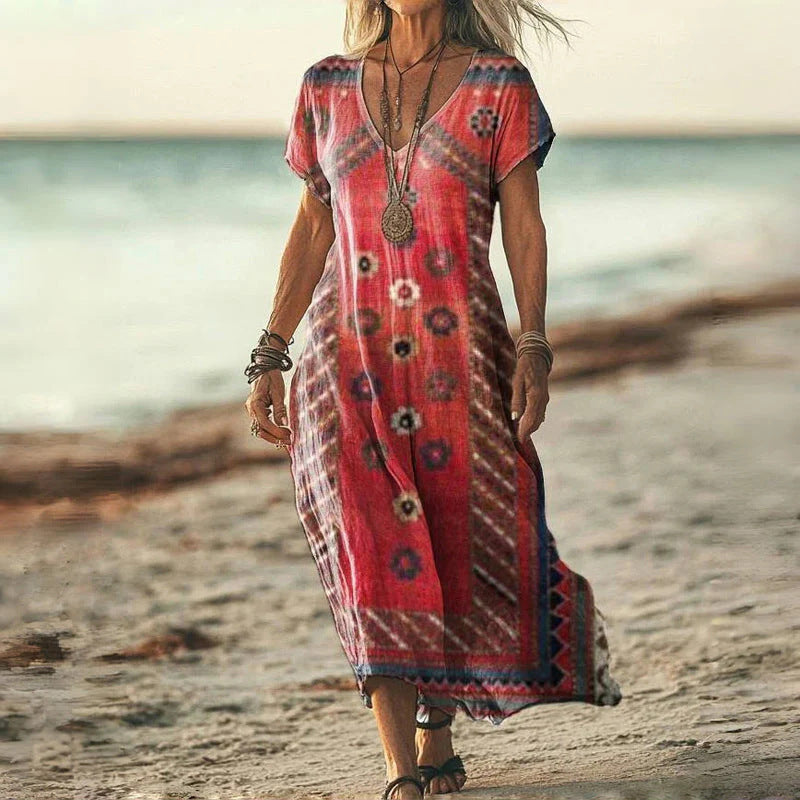 Airy maxi dress with V-neck &amp; print | breathable polyester-cotton blend | loose fit, slightly tailored | S–3XL