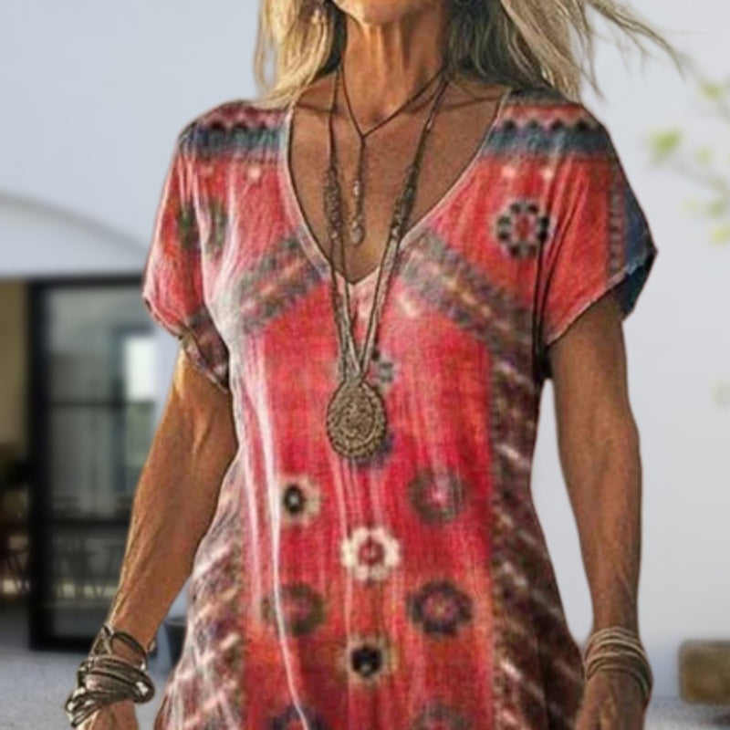 Airy maxi dress with V-neck &amp; print | breathable polyester-cotton blend | loose fit, slightly tailored | S–3XL