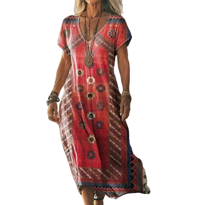 Airy maxi dress with V-neck &amp; print | breathable polyester-cotton blend | loose fit, slightly tailored | S–3XL
