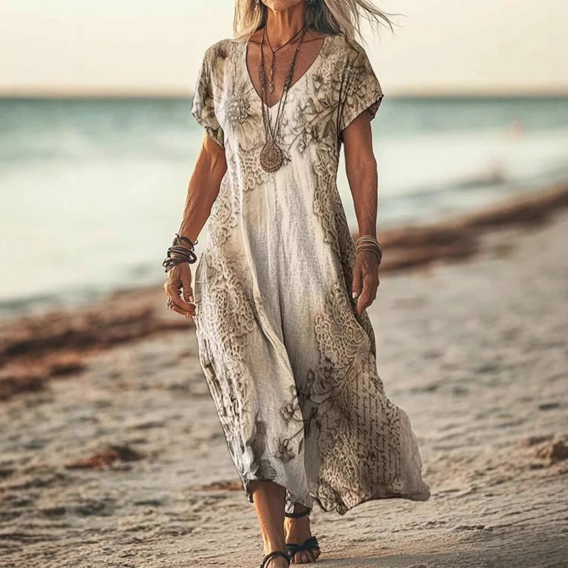 Airy maxi dress with V-neck &amp; print | breathable polyester-cotton blend | loose fit, slightly tailored | S–3XL