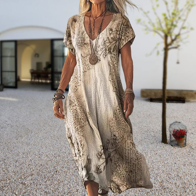 Airy maxi dress with V-neck &amp; print | breathable polyester-cotton blend | loose fit, slightly tailored | S–3XL