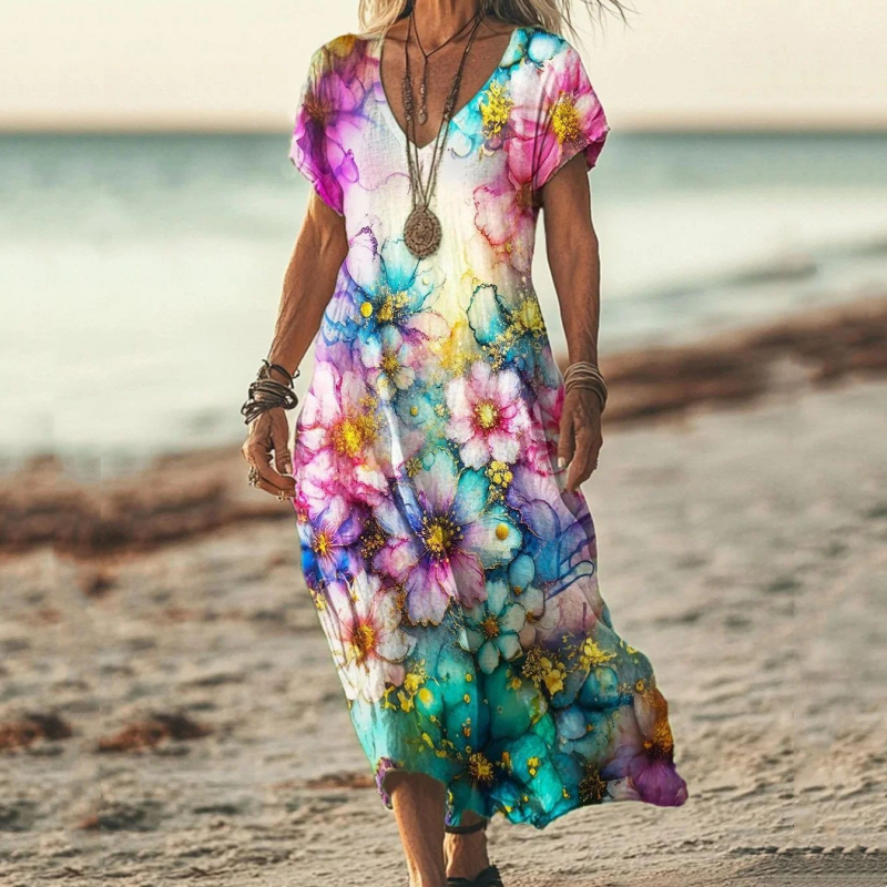 Airy maxi dress with V-neck &amp; print | breathable polyester-cotton blend | loose fit, slightly tailored | S–3XL