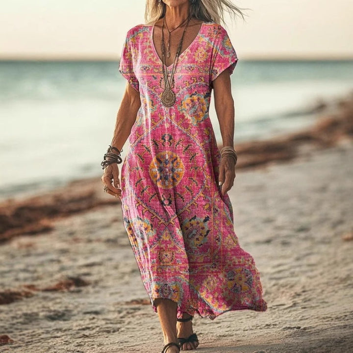 Airy maxi dress with V-neck &amp; print | breathable polyester-cotton blend | loose fit, slightly tailored | S–3XL
