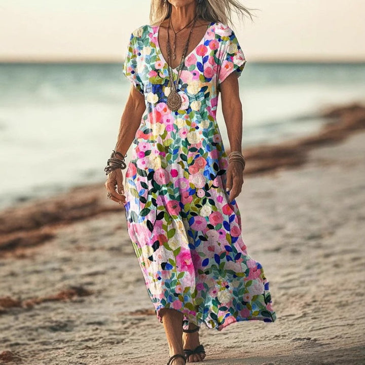 Airy maxi dress with V-neck &amp; print | breathable polyester-cotton blend | loose fit, slightly tailored | S–3XL
