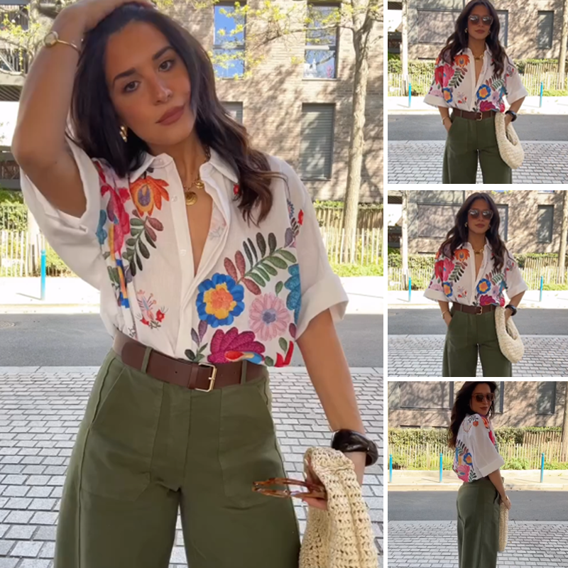 Damen Bluse mit Blumenmuster | Lockerer Schnitt mit klassischem Kragen, Knopfleiste und atmungsaktivem Tragekomfort