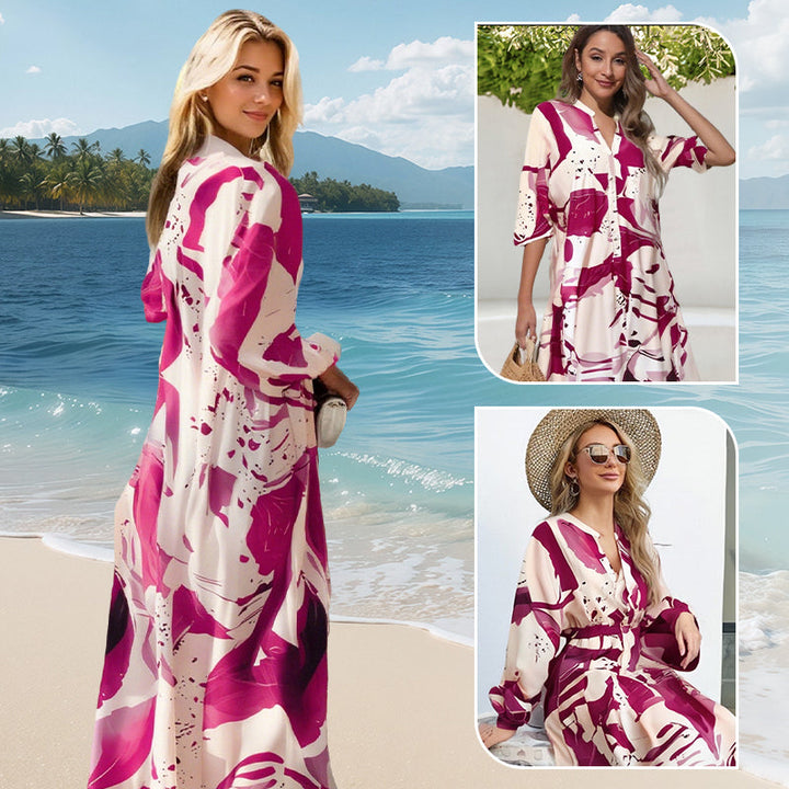 Robe maxi fleurie femme avec col en V | Motif floral abstrait &amp; couches fluides | Légère, opaque, S–4XL