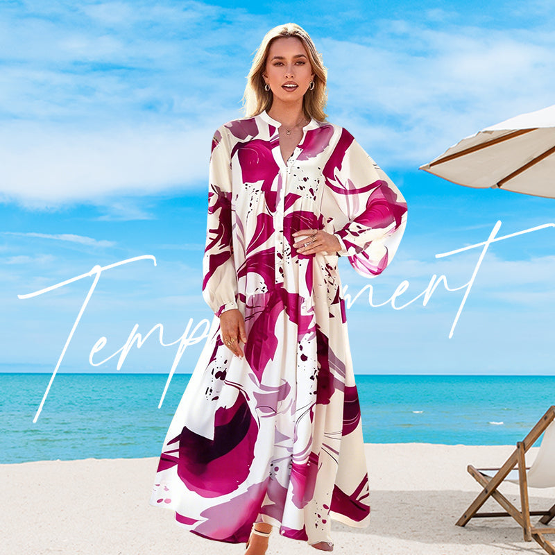 Robe maxi fleurie femme avec col en V | Motif floral abstrait &amp; couches fluides | Légère, opaque, S–4XL
