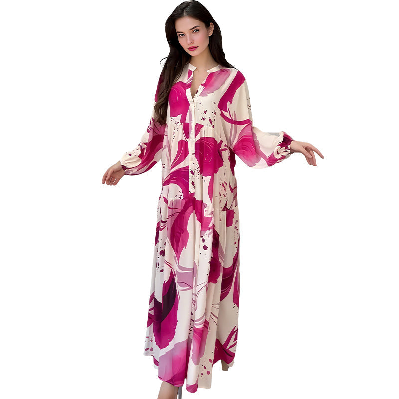 Robe maxi fleurie femme avec col en V | Motif floral abstrait &amp; couches fluides | Légère, opaque, S–4XL