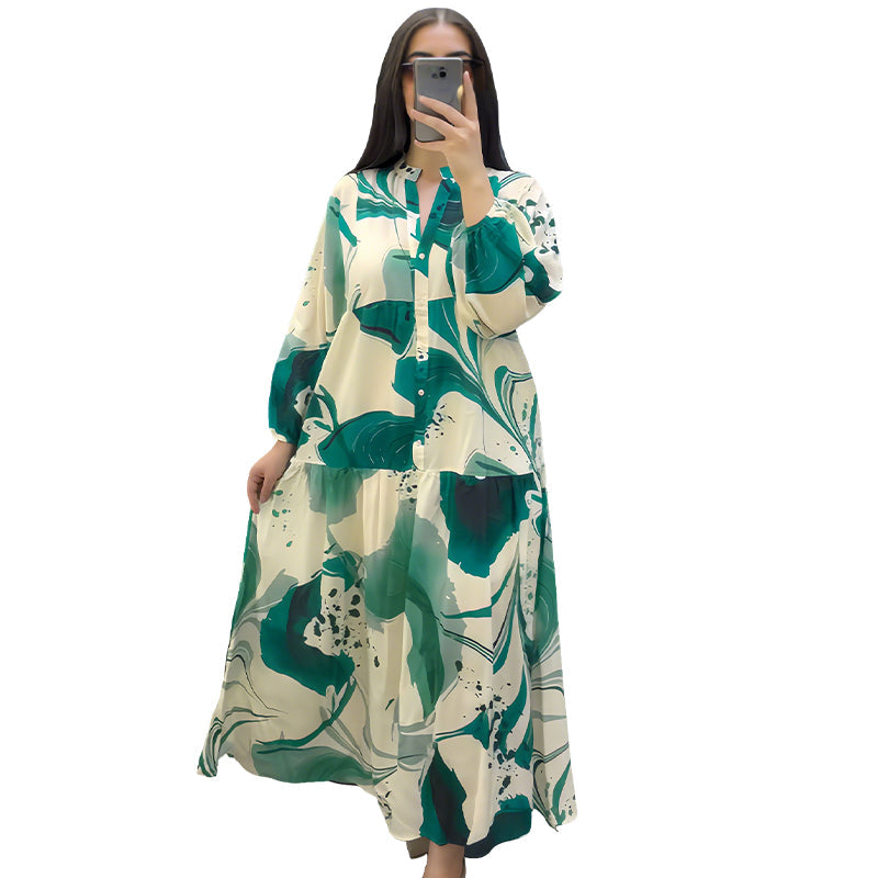 Robe maxi fleurie femme avec col en V | Motif floral abstrait &amp; couches fluides | Légère, opaque, S–4XL