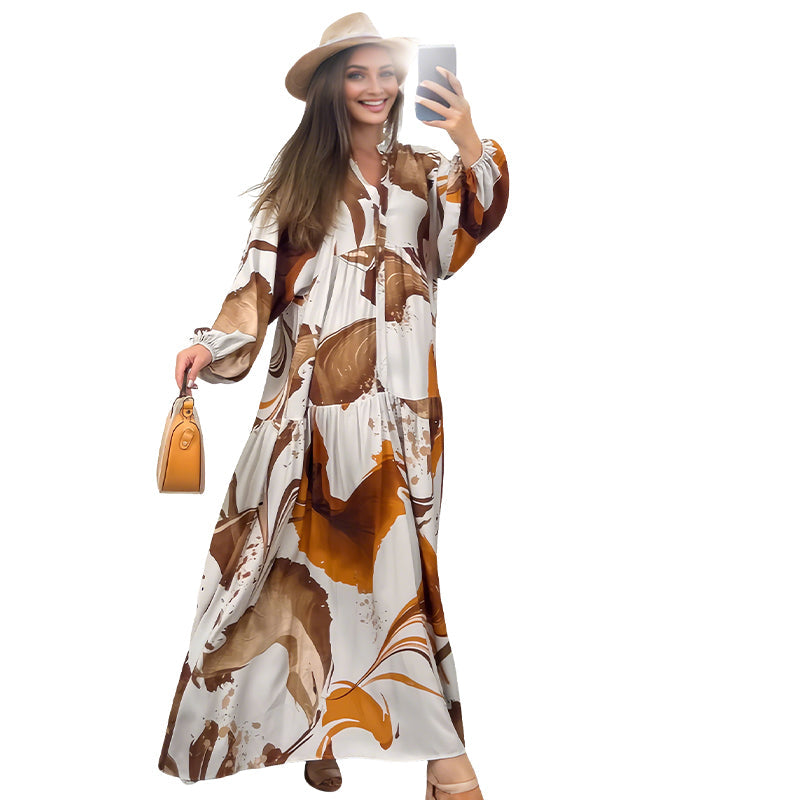 Robe maxi fleurie femme avec col en V | Motif floral abstrait &amp; couches fluides | Légère, opaque, S–4XL