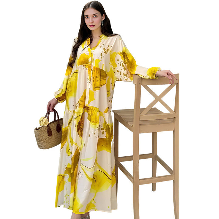 Robe maxi fleurie femme avec col en V | Motif floral abstrait &amp; couches fluides | Légère, opaque, S–4XL