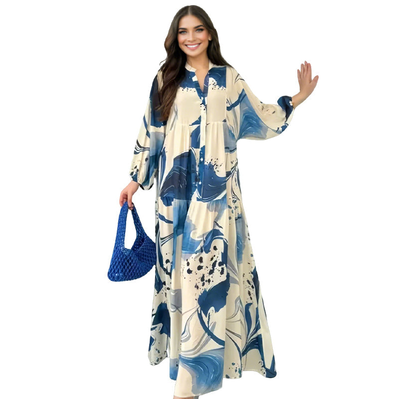 Robe maxi fleurie femme avec col en V | Motif floral abstrait &amp; couches fluides | Légère, opaque, S–4XL