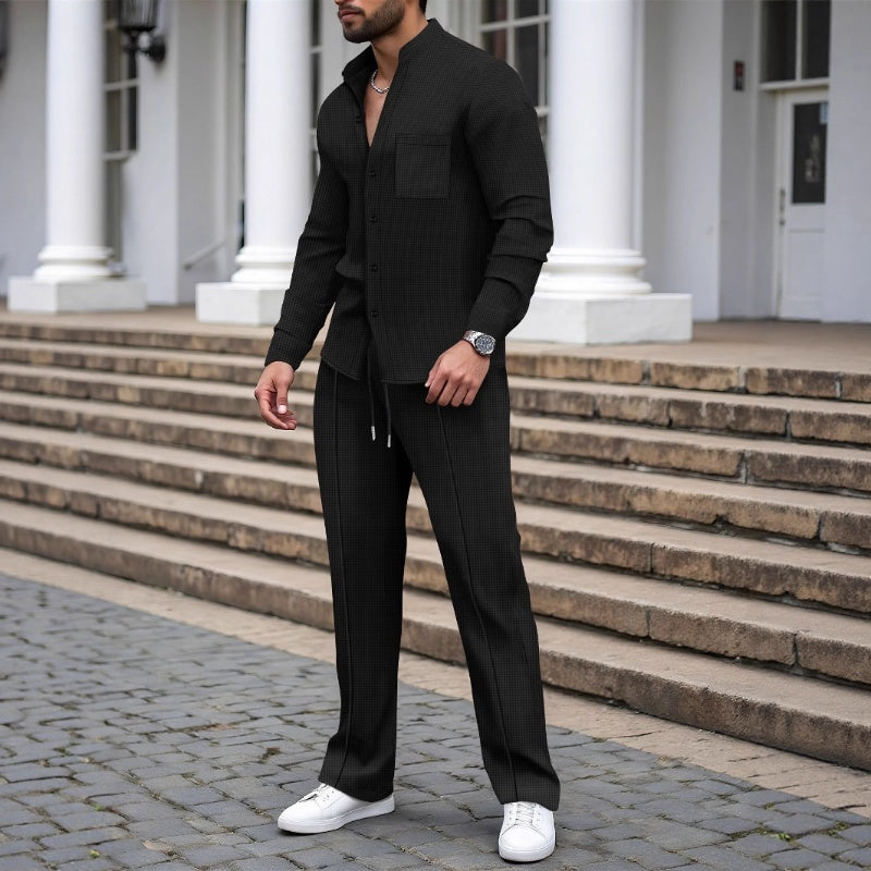 Herren 2-teiliges Waffel-Set mit Hemd &amp; langer Hose | Atmungsaktiv, locker &amp; modern | Versteckter Kordelzug | S–3XL