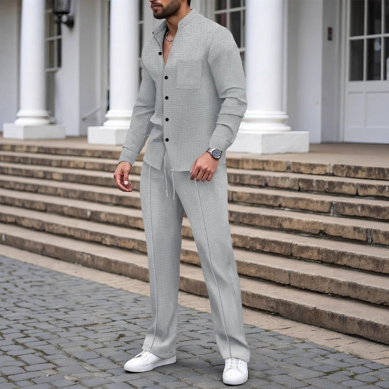 Herren 2-teiliges Waffel-Set mit Hemd &amp; langer Hose | Atmungsaktiv, locker &amp; modern | Versteckter Kordelzug | S–3XL