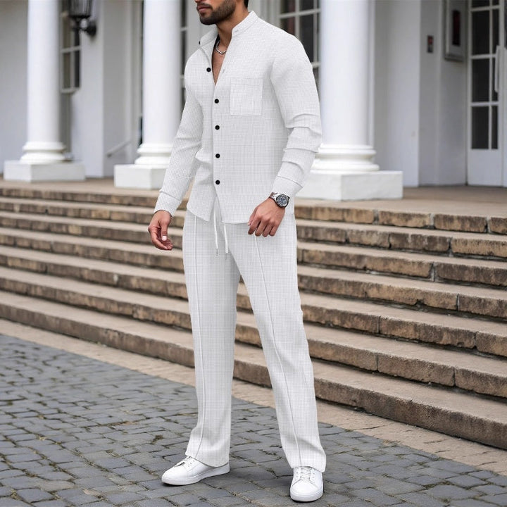 Herren 2-teiliges Waffel-Set mit Hemd &amp; langer Hose | Atmungsaktiv, locker &amp; modern | Versteckter Kordelzug | S–3XL