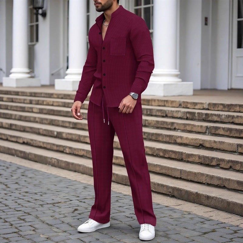 Herren 2-teiliges Waffel-Set mit Hemd &amp; langer Hose | Atmungsaktiv, locker &amp; modern | Versteckter Kordelzug | S–3XL