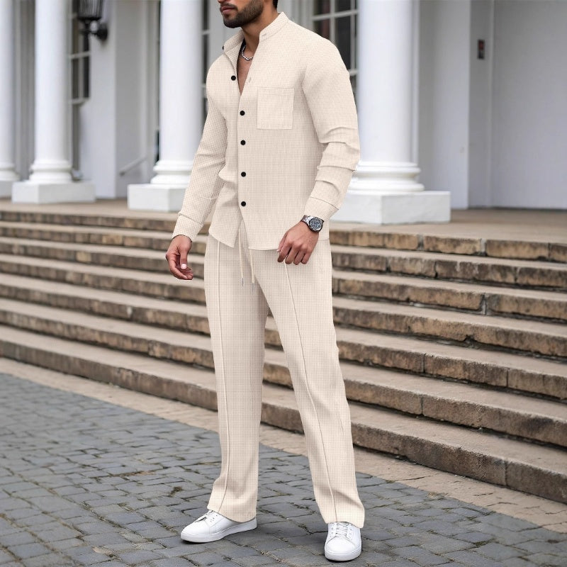 Herren 2-teiliges Waffel-Set mit Hemd &amp; langer Hose | Atmungsaktiv, locker &amp; modern | Versteckter Kordelzug | S–3XL