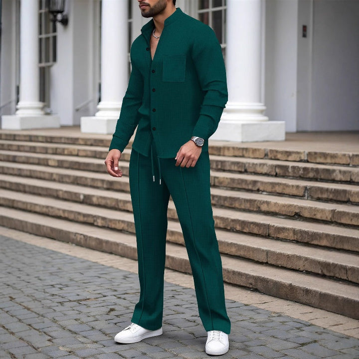 Herren 2-teiliges Waffel-Set mit Hemd &amp; langer Hose | Atmungsaktiv, locker &amp; modern | Versteckter Kordelzug | S–3XL