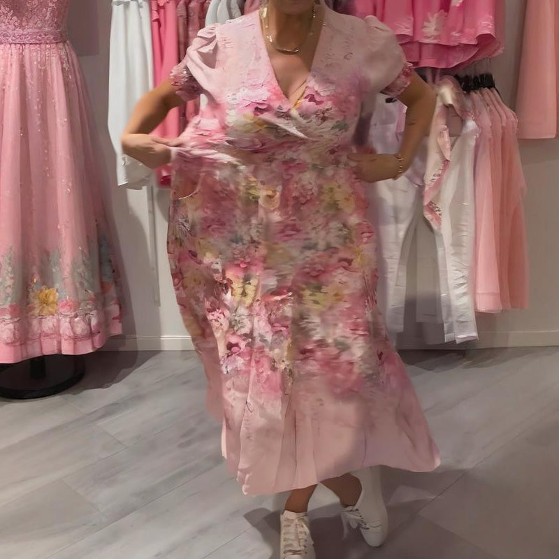 Langes Kleid in Rosa/Lila mit V-Ausschnitt &amp; floralem Muster | Puffärmel, luftig &amp; elegant | für Hochzeit, Party &amp; Alltag