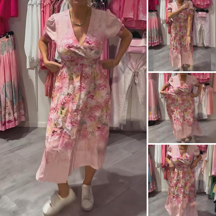 Langes Kleid in Rosa/Lila mit V-Ausschnitt &amp; floralem Muster | Puffärmel, luftig &amp; elegant | für Hochzeit, Party &amp; Alltag