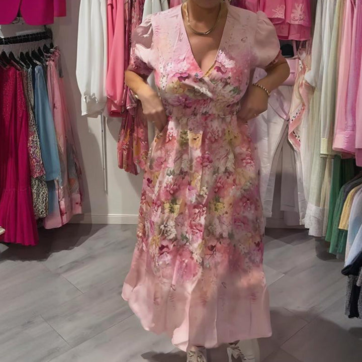 Langes Kleid in Rosa/Lila mit V-Ausschnitt &amp; floralem Muster | Puffärmel, luftig &amp; elegant | für Hochzeit, Party &amp; Alltag