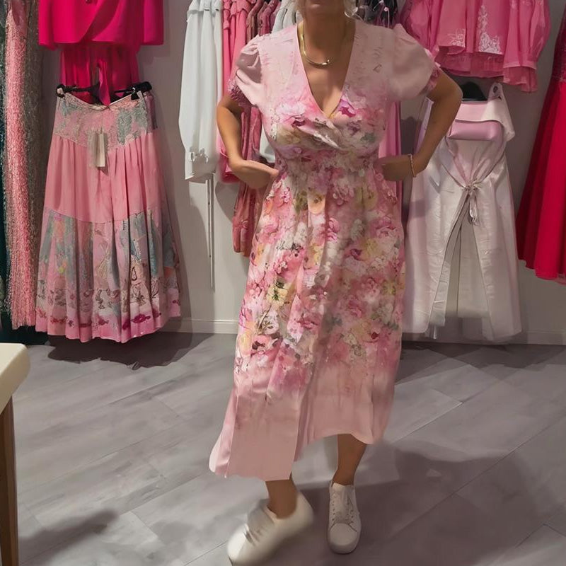 Langes Kleid in Rosa/Lila mit V-Ausschnitt &amp; floralem Muster | Puffärmel, luftig &amp; elegant | für Hochzeit, Party &amp; Alltag
