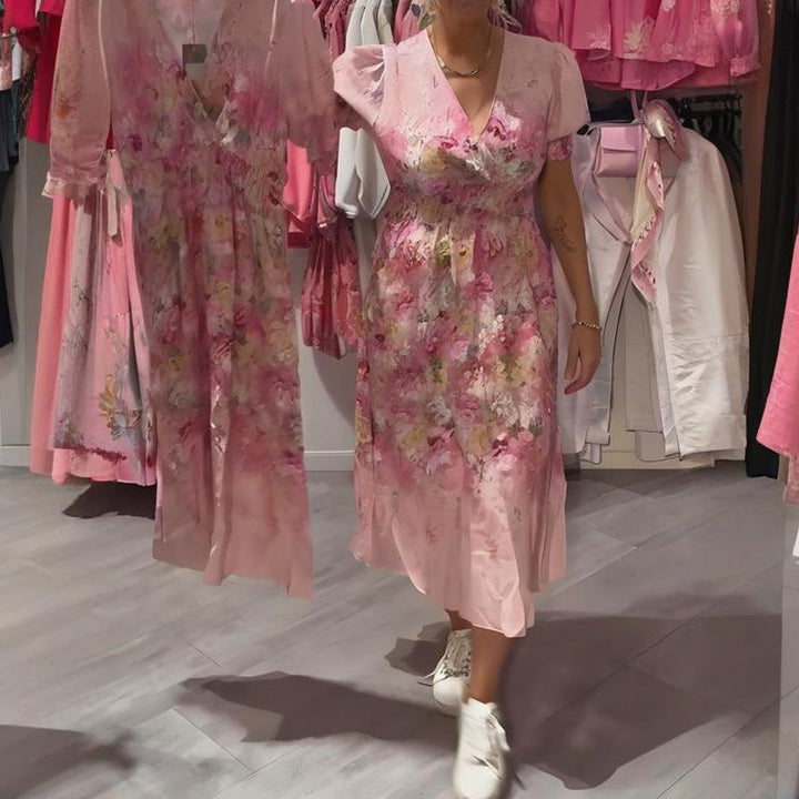 Langes Kleid in Rosa/Lila mit V-Ausschnitt &amp; floralem Muster | Puffärmel, luftig &amp; elegant | für Hochzeit, Party &amp; Alltag