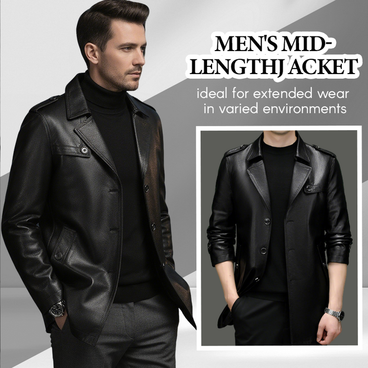 Herren Kunstlederjacke mittellang | Winddichte Jacke mit klassischem Kragen