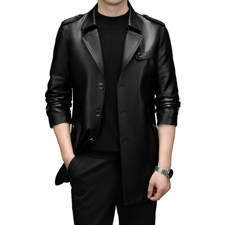 Herren Kunstlederjacke mittellang | Winddichte Jacke mit klassischem Kragen