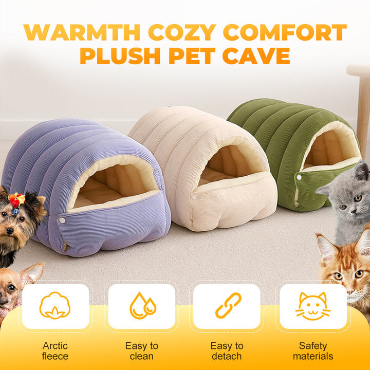 Plush cat/dog cave bed with zipper | 2-in-1: warm cave or open basket | PP cotton filling | S/M &amp; L