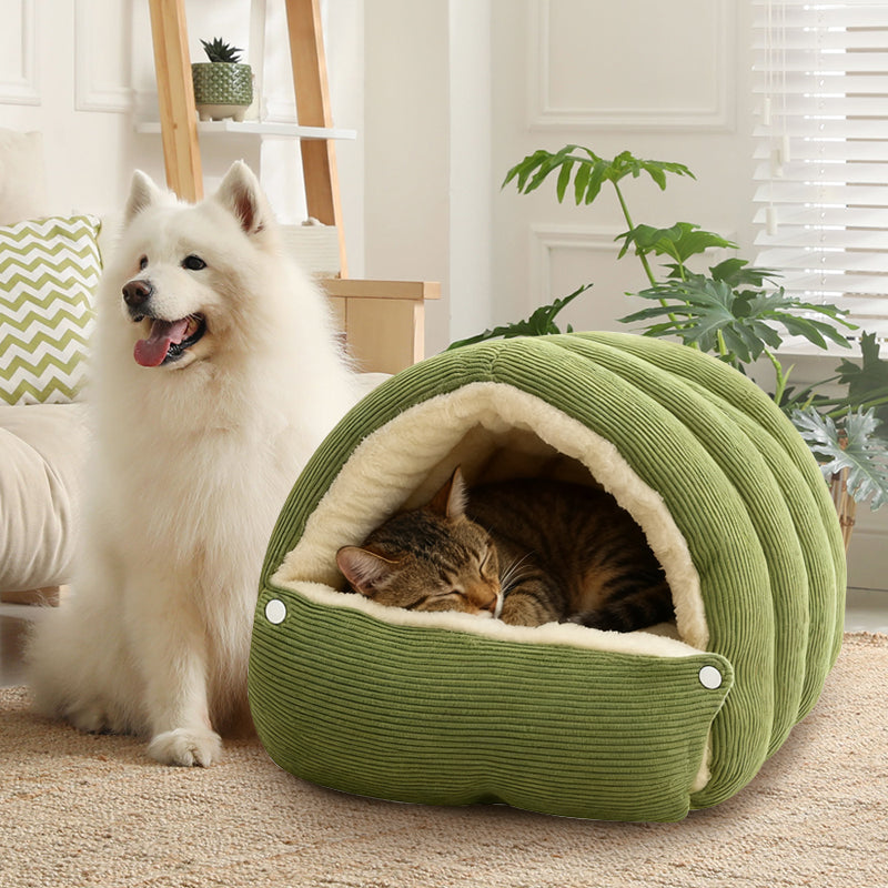 Plush cat/dog cave bed with zipper | 2-in-1: warm cave or open basket | PP cotton filling | S/M &amp; L