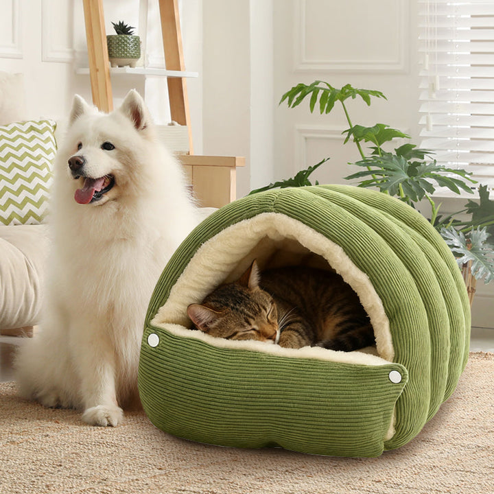 Plush cat/dog cave bed with zipper | 2-in-1: warm cave or open basket | PP cotton filling | S/M &amp; L