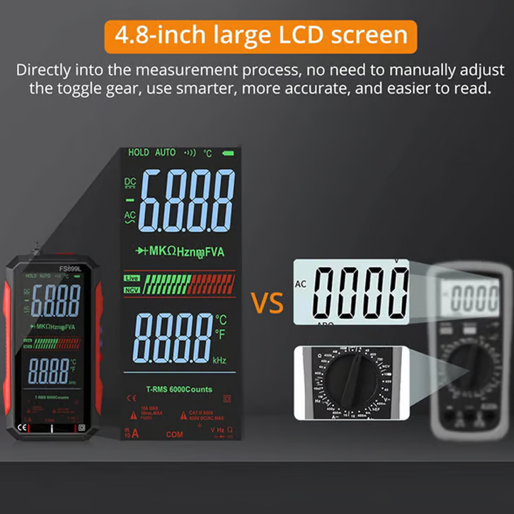 USB digitális multiméter automatikus tartománnyal | LCD háttérvilágítással | AC 6A/10A, kompakt 152×73 mm, mérővezetékekkel