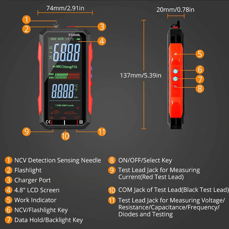 USB digitális multiméter automatikus tartománnyal | LCD háttérvilágítással | AC 6A/10A, kompakt 152×73 mm, mérővezetékekkel