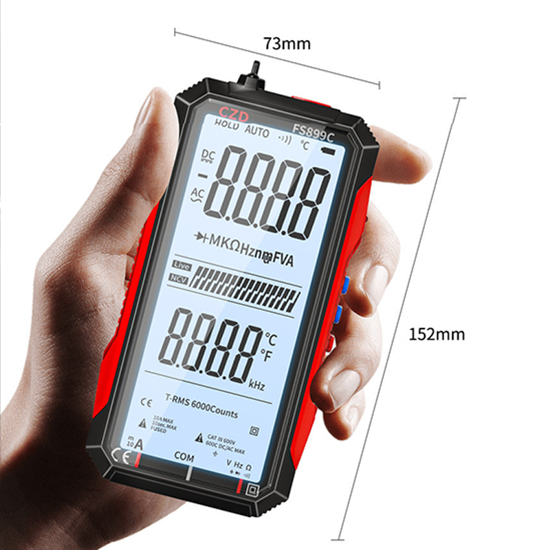 USB digitális multiméter automatikus tartománnyal | LCD háttérvilágítással | AC 6A/10A, kompakt 152×73 mm, mérővezetékekkel
