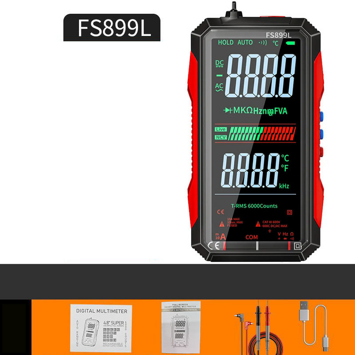 USB digitális multiméter automatikus tartománnyal | LCD háttérvilágítással | AC 6A/10A, kompakt 152×73 mm, mérővezetékekkel