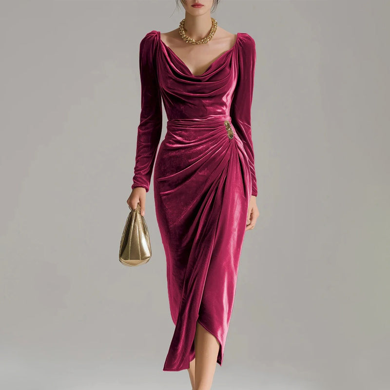 Robe en velours à enfiler avec fente | Ajustée &amp; élégante | Manches longues &amp; fronces | Tailles S–2XL