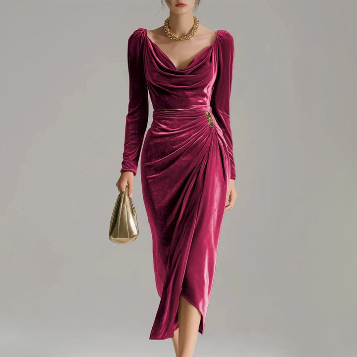 Robe en velours à enfiler avec fente | Ajustée &amp; élégante | Manches longues &amp; fronces | Tailles S–2XL