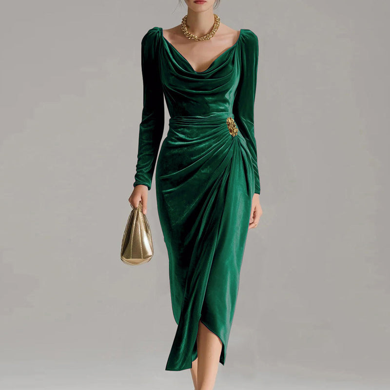 Robe en velours à enfiler avec fente | Ajustée &amp; élégante | Manches longues &amp; fronces | Tailles S–2XL