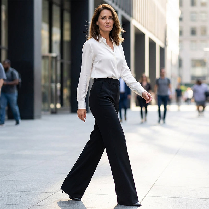 Damen-Anzughose mit hoher Taille | Elegante High-Waist-Hose mit geradem Bein, Bügelfalte &amp; knitterarmem Stoff